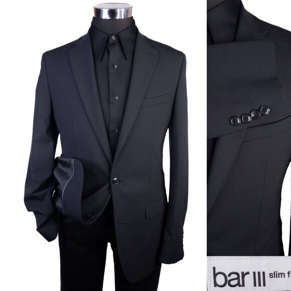 BAR III Men's Blazer Black Sz 38L Sport Coat Slim-Fit Solid Two Button Wool Blnd - Picture 1 of 13